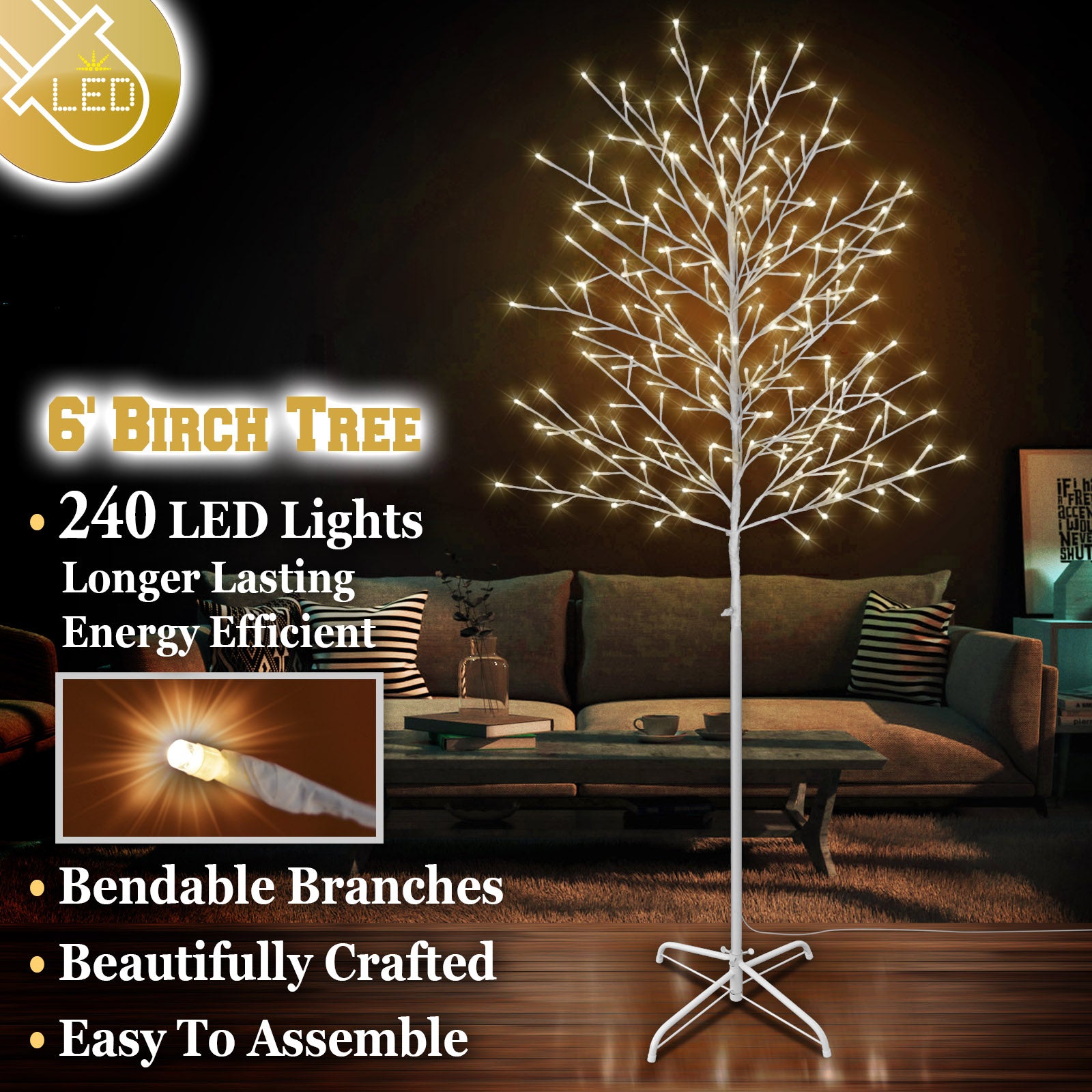 SUNNYOUTDOOR 6ft Christmas Silver Birch Twig Tree Light Warm White Indoor Outdoor 112 LEDs Lighted Tree Xmas Christmas Decoration
