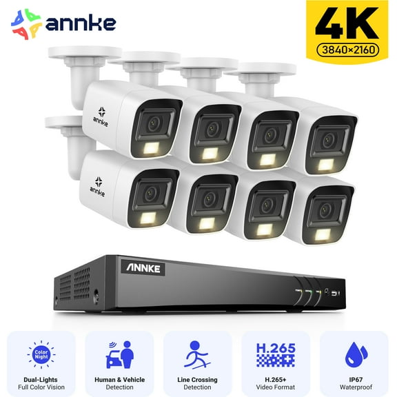 ANNKE 8CH 8MP Home Security Camera System for Indoor and Outdoor, AI DVR and 8x4K IP67 Bullet Home & Surveillance Cameras, Work with Alexa, Smart Dual Light, 0TB HDD