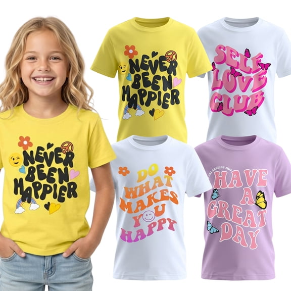 MISS POPULAR Girls 4-Pack Super Soft Short Sleeve T-Shirts Rainbow Butterfly Glitter Print Cute Design| Sizes 7-16