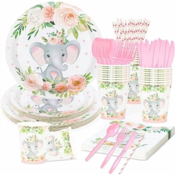 192 Pcs Elephant Baby Shower Plates and Cups and Napkins Sets Serve 24 Guests Pink Elephant Baby Shower Decorations Gender Reveal Themes Party Supplies Decor Birthday Paper Tableware Girl