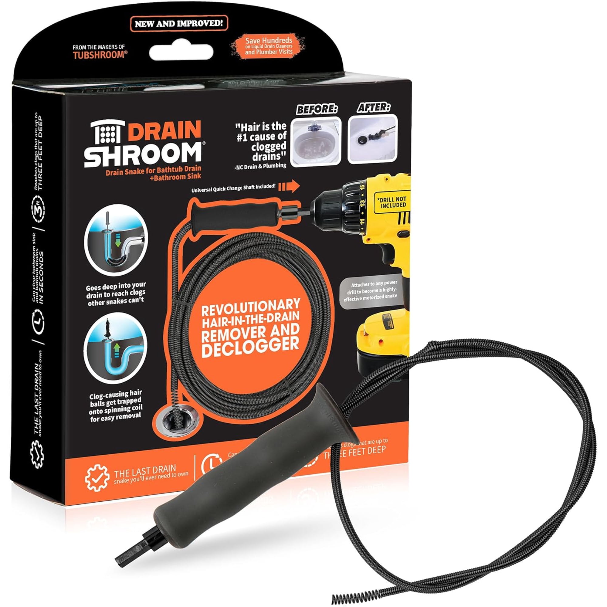 DrainShroom 36 Inch Drain Snake Auger Drill Attachment, Matte Black