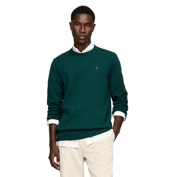 Jersey Tommy Hilfiger liso con cuello redondo para hombre, color verde ciprés