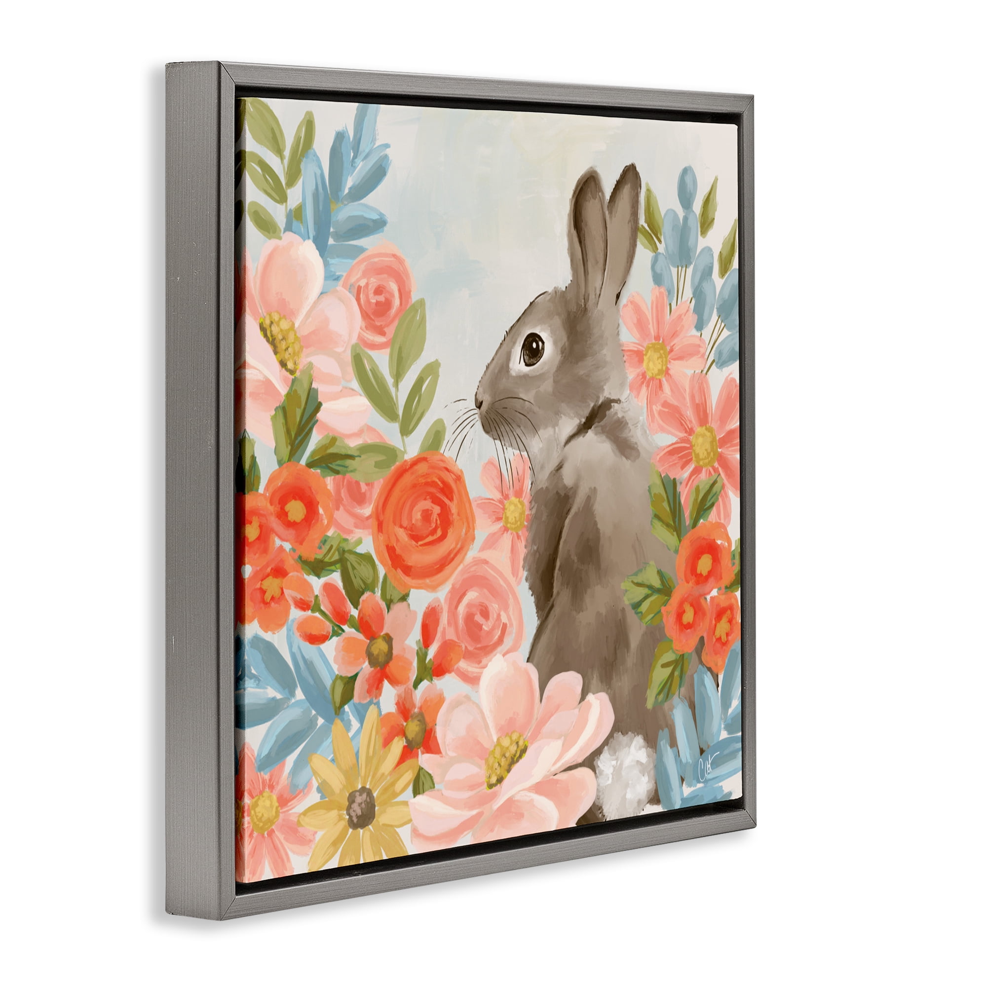 Stupell Industries Bunny In The Blooms Gray Framed Floater Canvas Wall Art, design by Cat Thurman Designs