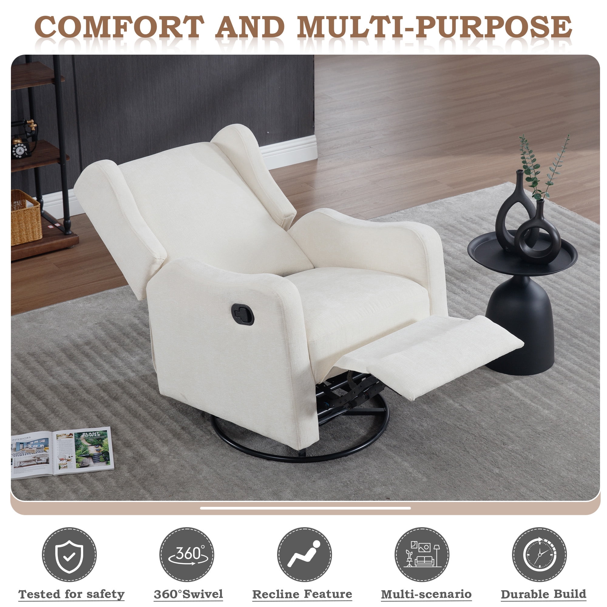 Lunale Swivel Glider Rocking Chair for Nursery, Wingback Upholstered Glider Rocker for Living Room, Beige Chenille Fabric