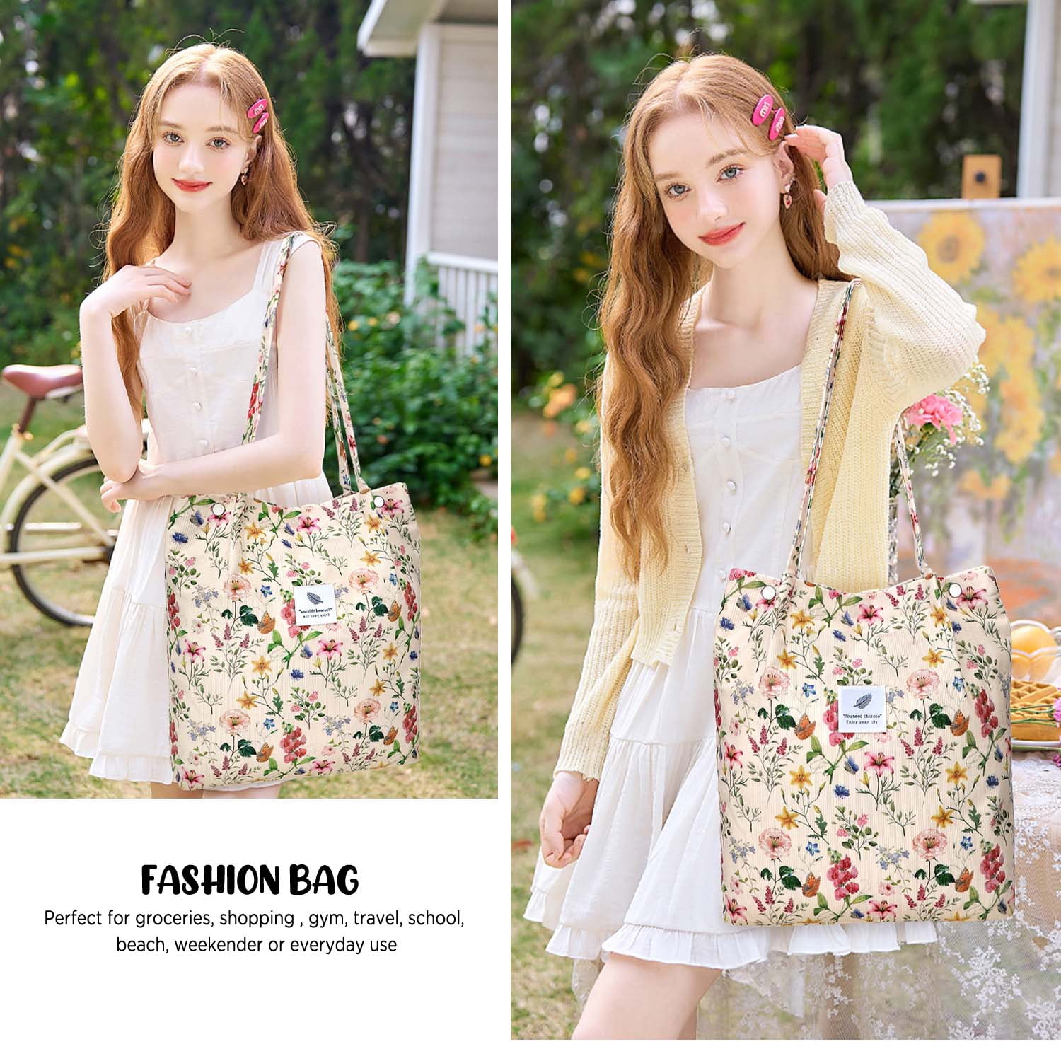 Ayieyill Corduroy Tote Bag Large for Women Girl Lady Canvas Shoulder Cord Purse and Handbags with Inner Pocket (Retro Flower)