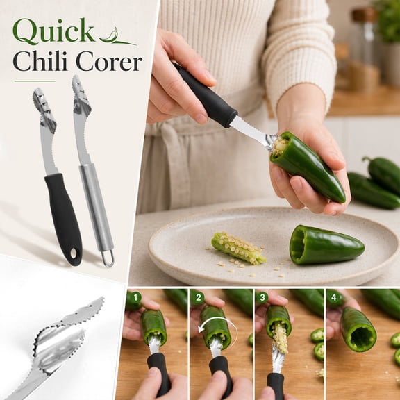 Home & Kitchen, Jalapeno Corer, Kitchen Prep Tool, Prep, Gift for Home Cook, Stainless Steel Chili Seed Remover with Serrated Edge, 9X1 Inch Sturdy Heavy Duty Vegetable Corer with