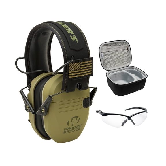 Walkers Razor Slim Electronic Muff (OD GRN Patriot) Bundle with Shooting Glasses and Hard Case (3 Items)