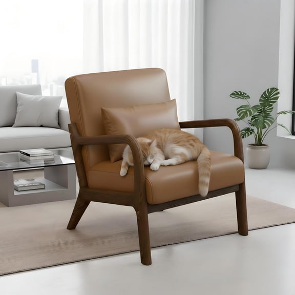 GAMBE Accent Chair PU Upholstered Armchair, Reading Club Chair with Pillow for Living Room Bedroom Furniture Brown