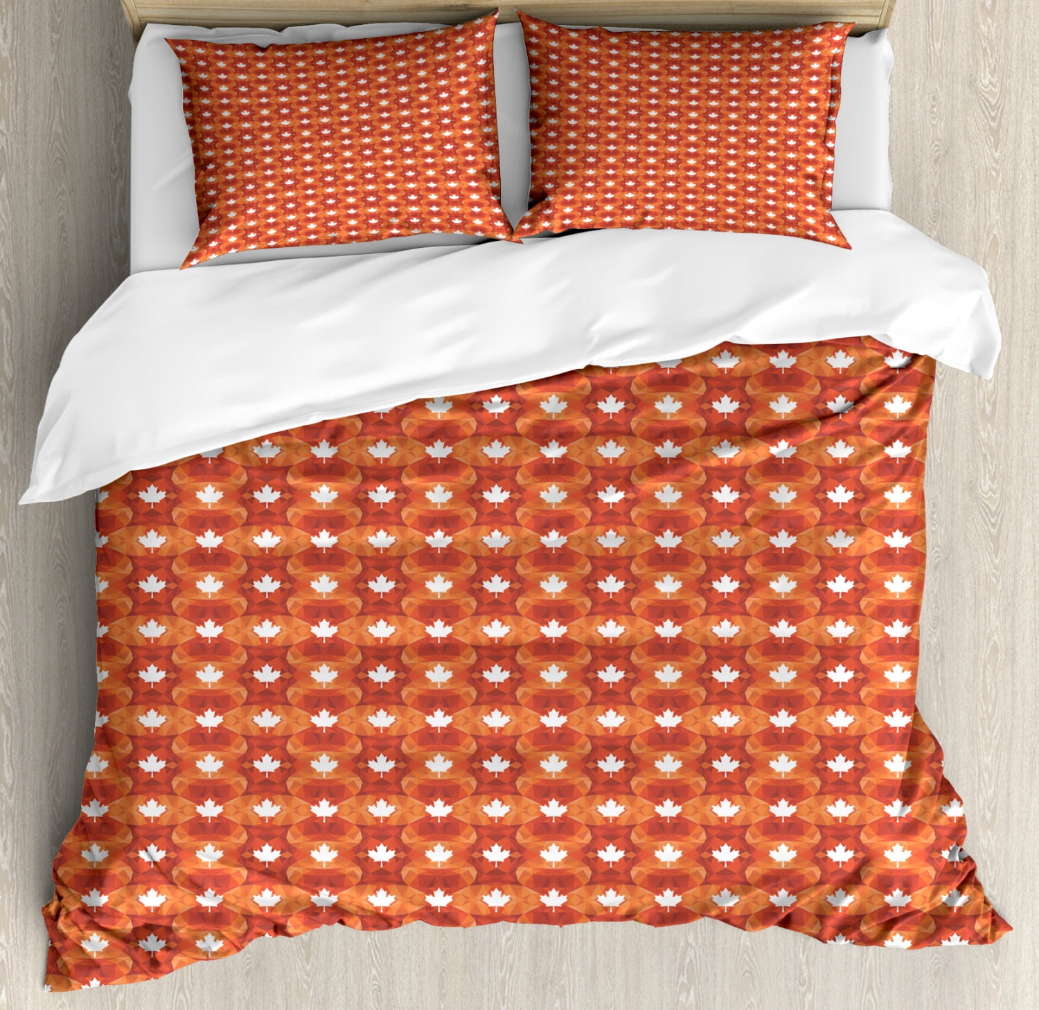 Burnt Orange Duvet Cover Set Queen Size, Canadian Maple Leaf Silhouette