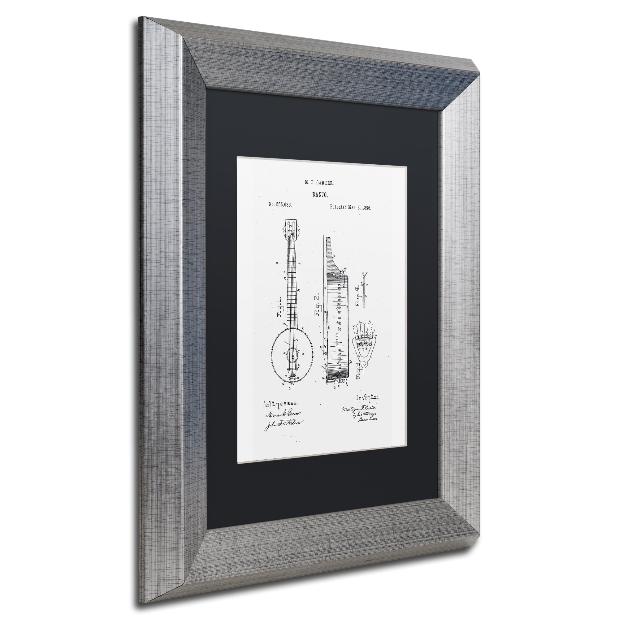 Trademark Fine Art "Vintage Banjo Patent 1896 White" Canvas Art by Claire Doherty Black Matte, Silver Frame