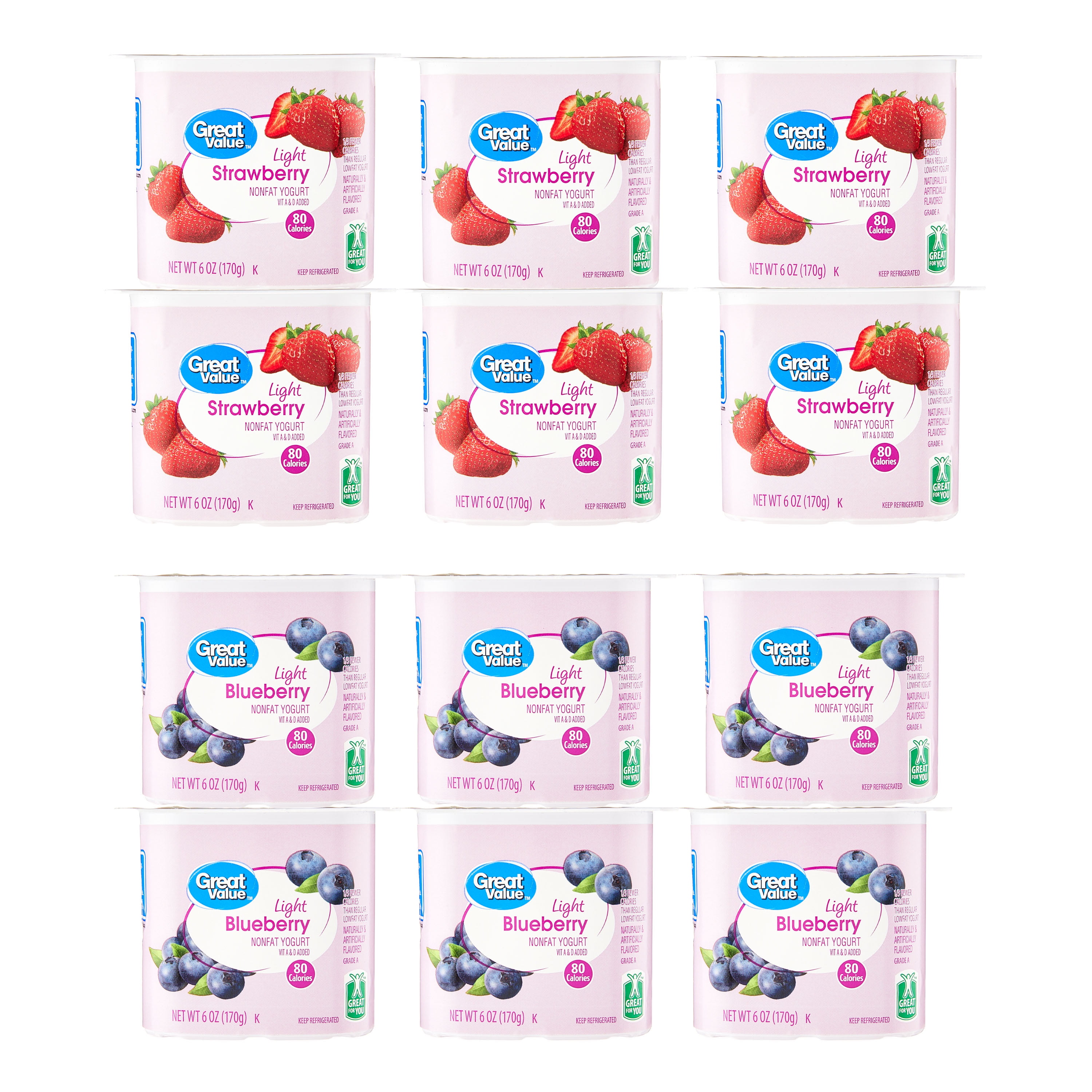 Great Value Light Strawberry and Blueberry Nonfat Yogurt, 6 oz, 12 Count