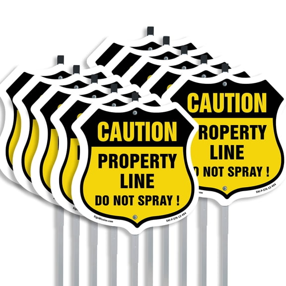 No Spray Shield Sign Caution Property Line Do Not Spray (10 Pack) 12 inch X 12 inch Shield Shaped Commercial Grade Plastic Signs with Aluminum Mounting Stakes Weather Resistant for