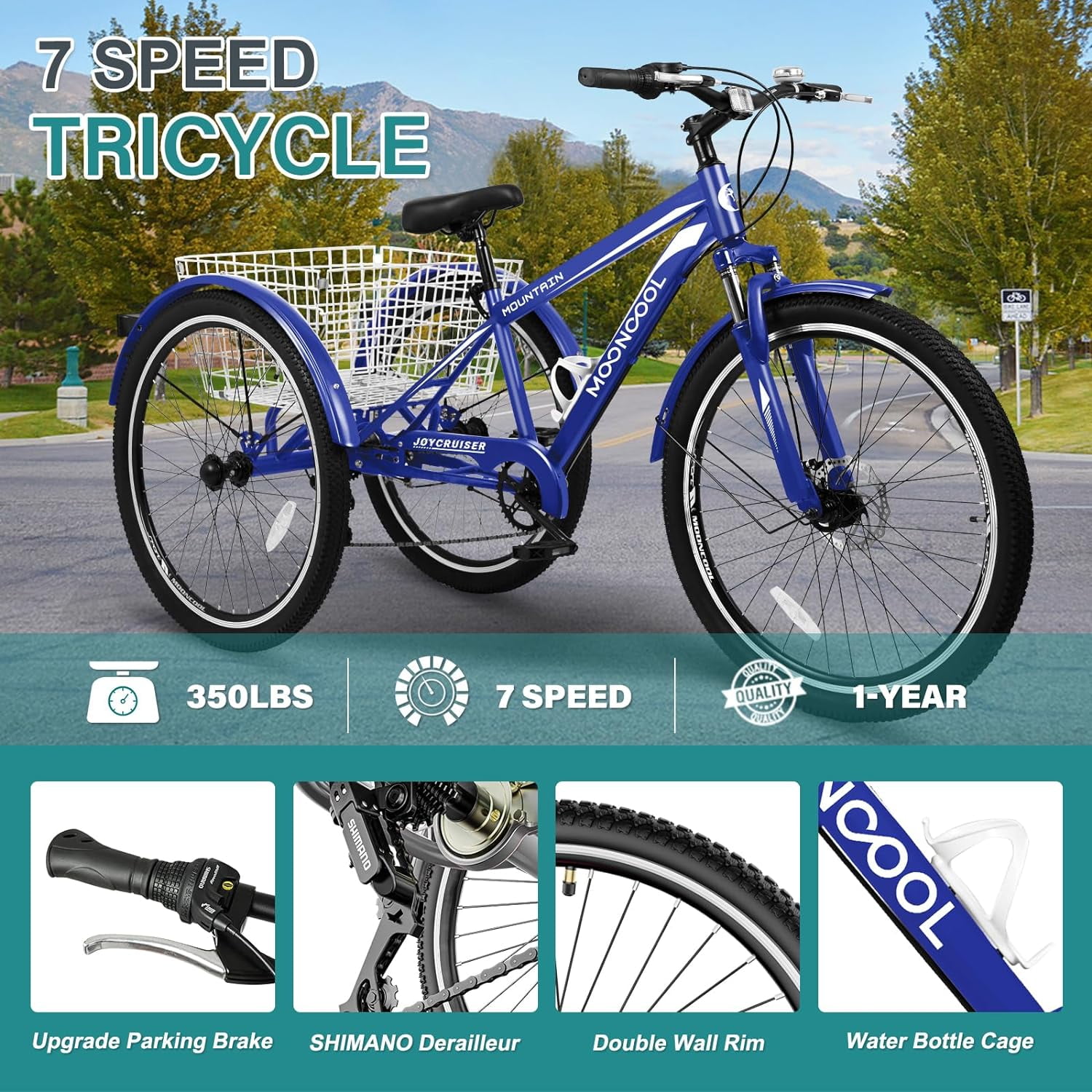 Slsy Mountain Tricycle for Adults, 24/26/27.5 Inch MTB 7 Speed Three Wheel Bike, Adults Tricycle with Cargo Basket for Adults, Women, Men, Seniors