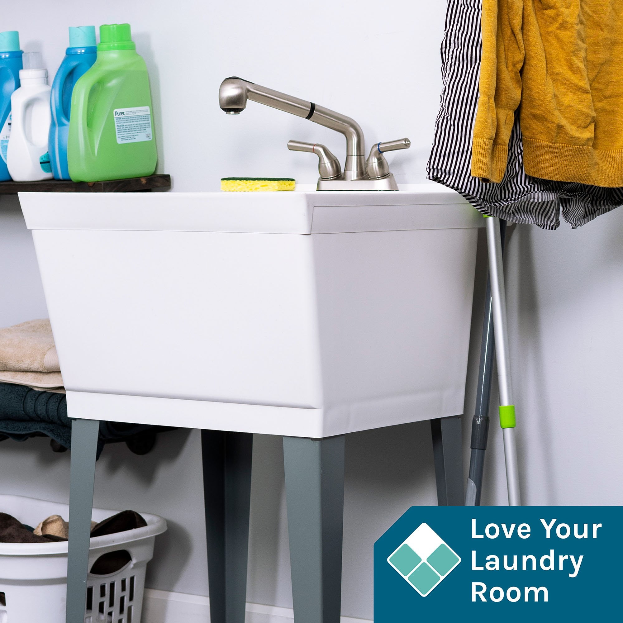TEHILA Freestanding Floor Mount White Utility Sink with Stainless Finish Faucet for Laundry Room