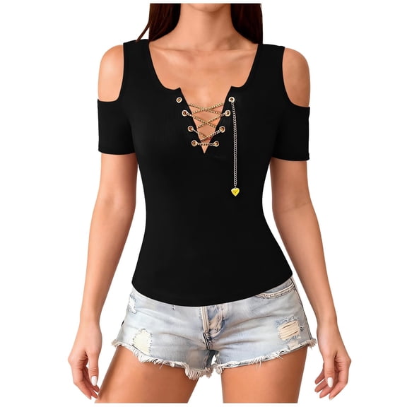 Htigea Women's Cold Shoulder Short Sleeve Tops Chains V-Neck T-Shirts Summer Trendy Going Out Club Tees Black S