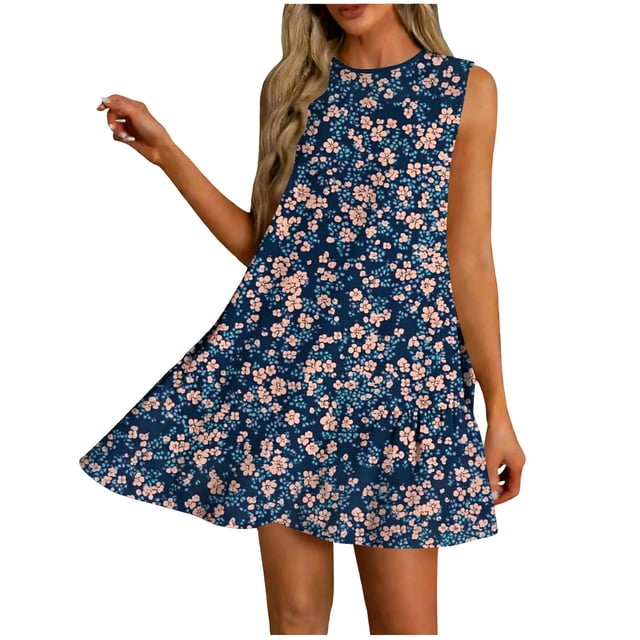 Vestido Corto para Mujeres Verano Moda Casual Impreso Lado Plisado Cuello Redondo Vestido sin Mangas