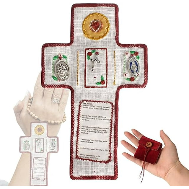 Santuario de bolsillo católico hecho a mano con cruz de plata incorporada, altares de viaje, colcha de oración con cruz en el interior, espirituales cristianos para amigos y familiares.