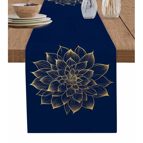 Navy Blue Yellow Spring Floral Burlap Cotton Table Runner 16x72 Inches Long, Abstract Blossoms Botanical Farmhouse Table Runners, Outdoor Dining Tablecloths Decor for Baby Shower/Party/Wedding