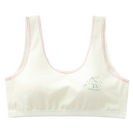 

ZENTREE Puberty Teen Girls Sport Training Bra with Removable Pads Contrast Color Striped Wireless Underwear Cute Deer Printed Wide Strap Bralette Crop Top Vest