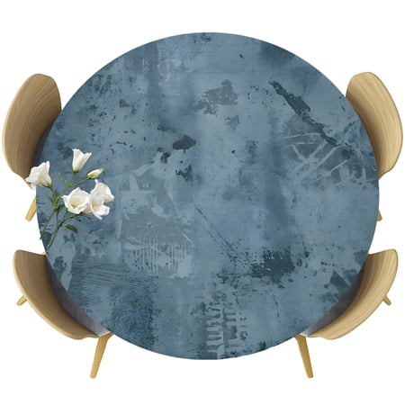 Vintage Abstract Round Tablecloth 36-44 Inch Round Fitted Table Cloth with Elastic Edge Retro Shabby Blue Geometric Textured Waterproof Table Cover Protector for Outdoor Picnic Party Dining