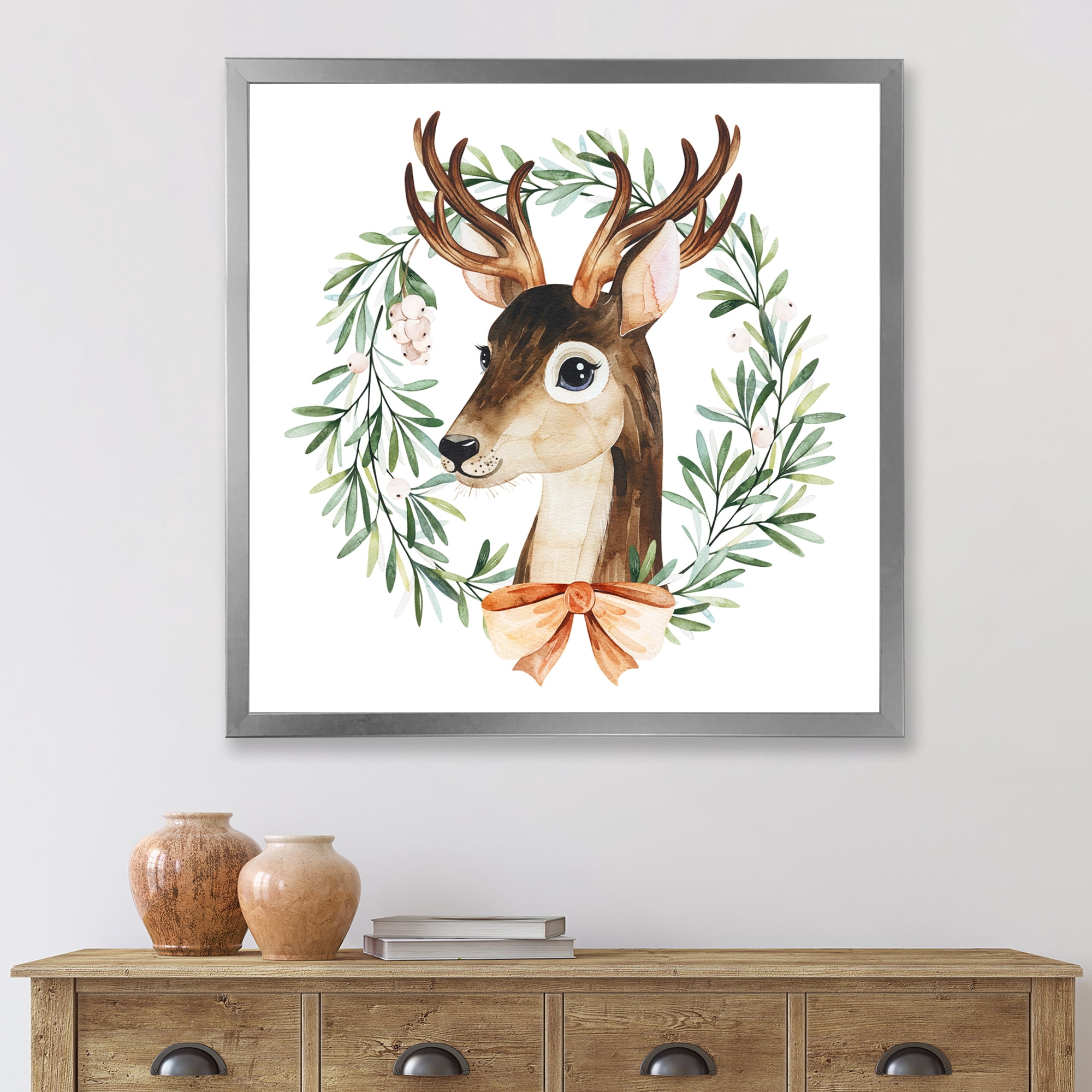 Designart 'Floral Wreath Isolated On White Over Deer' Farmhouse Framed Art Print