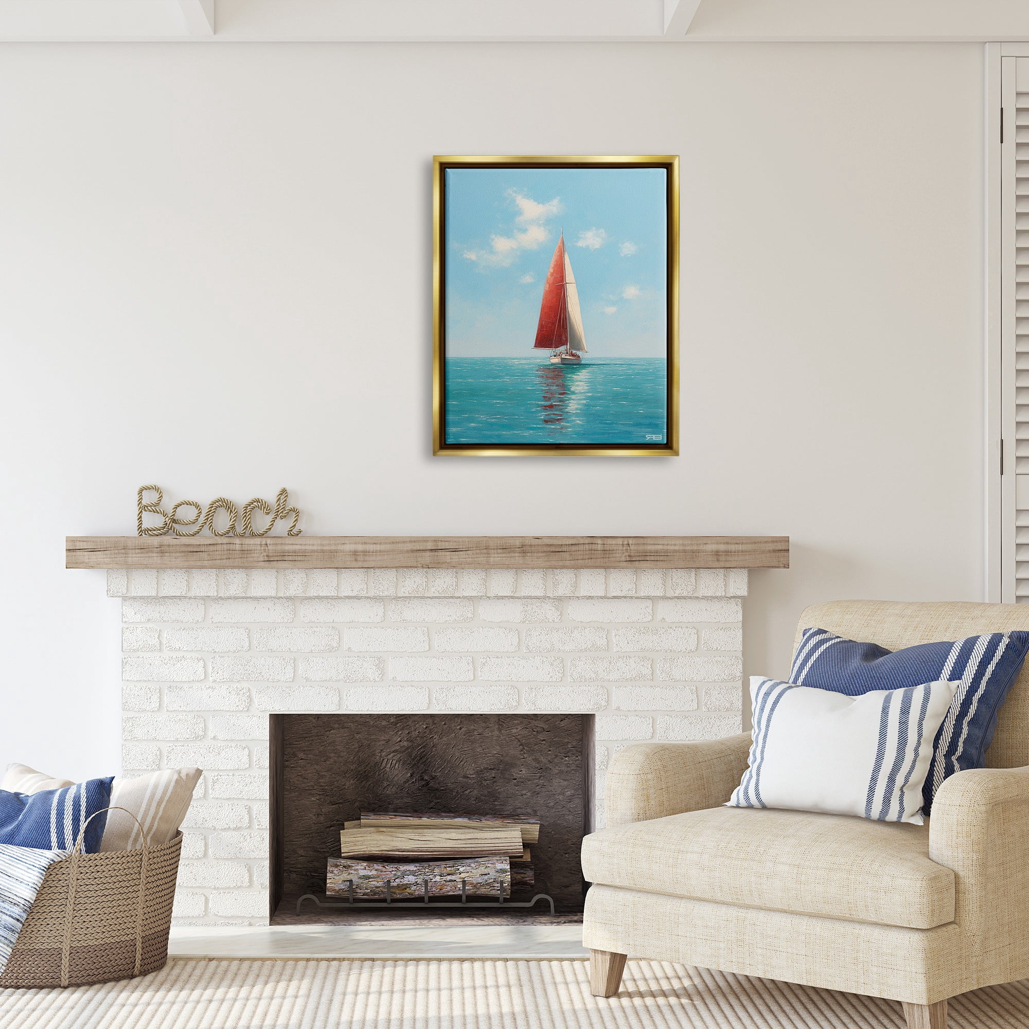 Stupell Industries Red Sailboat on Sea Transportation Painting Gold Floater Framed Canvas Art Print Wall Art, 25 x 31
