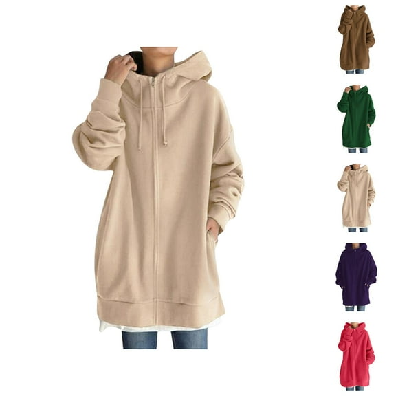 Sweatshirt for Women Women's Solid Color Sweatshirt Women's Solid Color Zippered Hooded Longline Lined Streetwear Pullover Jacket