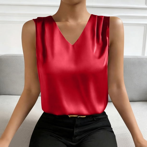 TaTaai Women Casual Fashion Solid Color V Neck Satin Top Long Sleeve Shirt Stand Collar Vest Breathable Silk-like Machine Washable No Fading Versatile Daily Office Wear Top Gift