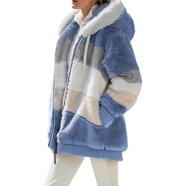Womens Faux Fur Hooded Coat Color Block Long Sleeve Zipper Loose Plush Multicolor Winter Warm Jacket