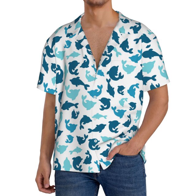 Balery Cute Shark Camisa Casual de Manga Corta con Botones para Hombre, Texturizada, Estilo Cubano, para Playa, Verano-3X-Large