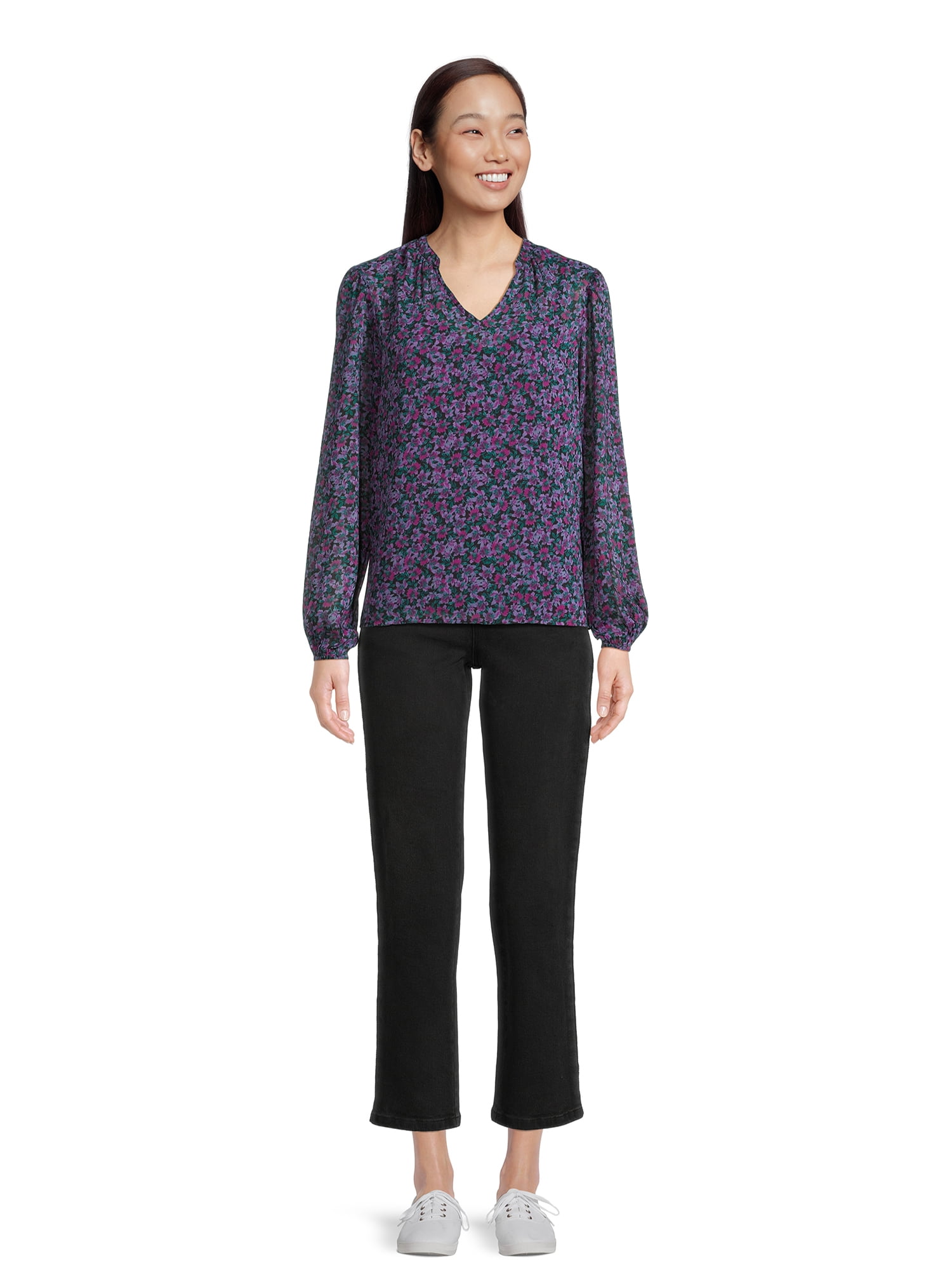 Time and Tru Women's Soft Blouse with Floral Prints, Sizes XS-3XL
