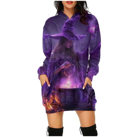 WFJCJPAF 2025 New Halloween Halloween Dresses for Women Long Sleeve,Women's Hooded Long Sleeve Halloween Print Dress LooseFashion Mini Dress,Halloween Dresses for Women - Multicolor S