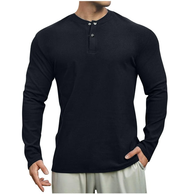 fatyb Mens Long Sleeve Thermal Tops Button Neck Casual T Shirts for Men Warm Solid Color Comfortable Tee