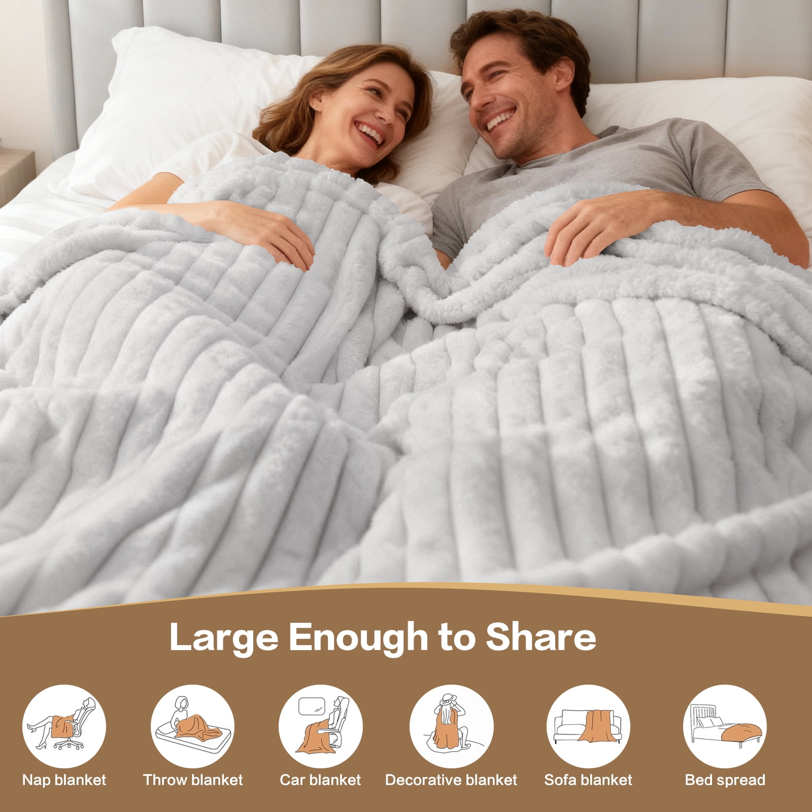 EMONIA Light Gray King Fleece Blanket for Bed, 320GSM Super Soft Cozy Blankets and Throws, Decorative Throw Blankets for Women Men Gifts, Throws with Stripes for Sofa Bed Decor, 108''x90''