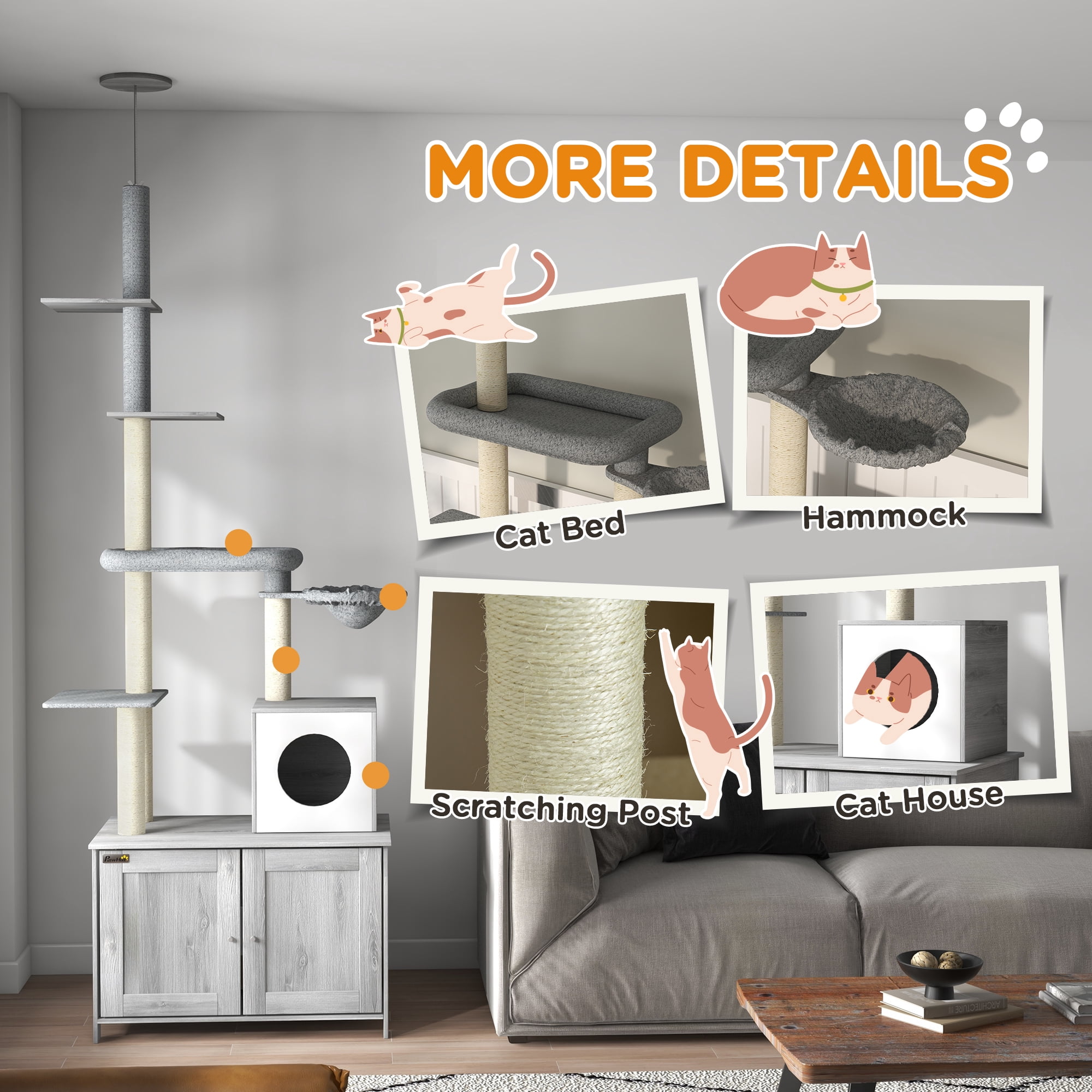 PawHut 2 in 1 Litter Box Enclosure with Floor to Ceiling Cat Tree, Gray