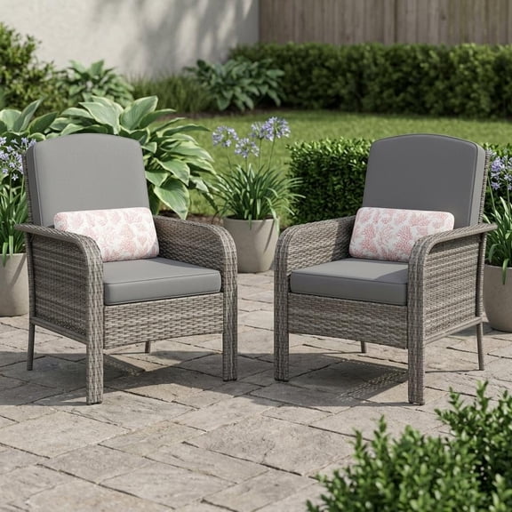 2-Piece Outdoor Patio Furniture Set, Rattan Lounge Chairs with High Back & Thick Cushions, PE Wicker Armchairs, All-Weather for Porch Deck Garden Backyard – Gray Gradient Rattan & Gray Cushion