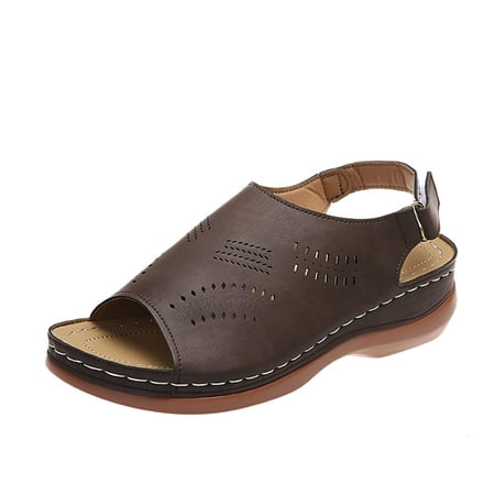 

Women s Casual Solid Color Cutout Round Toe Hook&Loop Vintage Wedge Sandals Clear Studded Sandals for Women Flat Work Sandals for Women