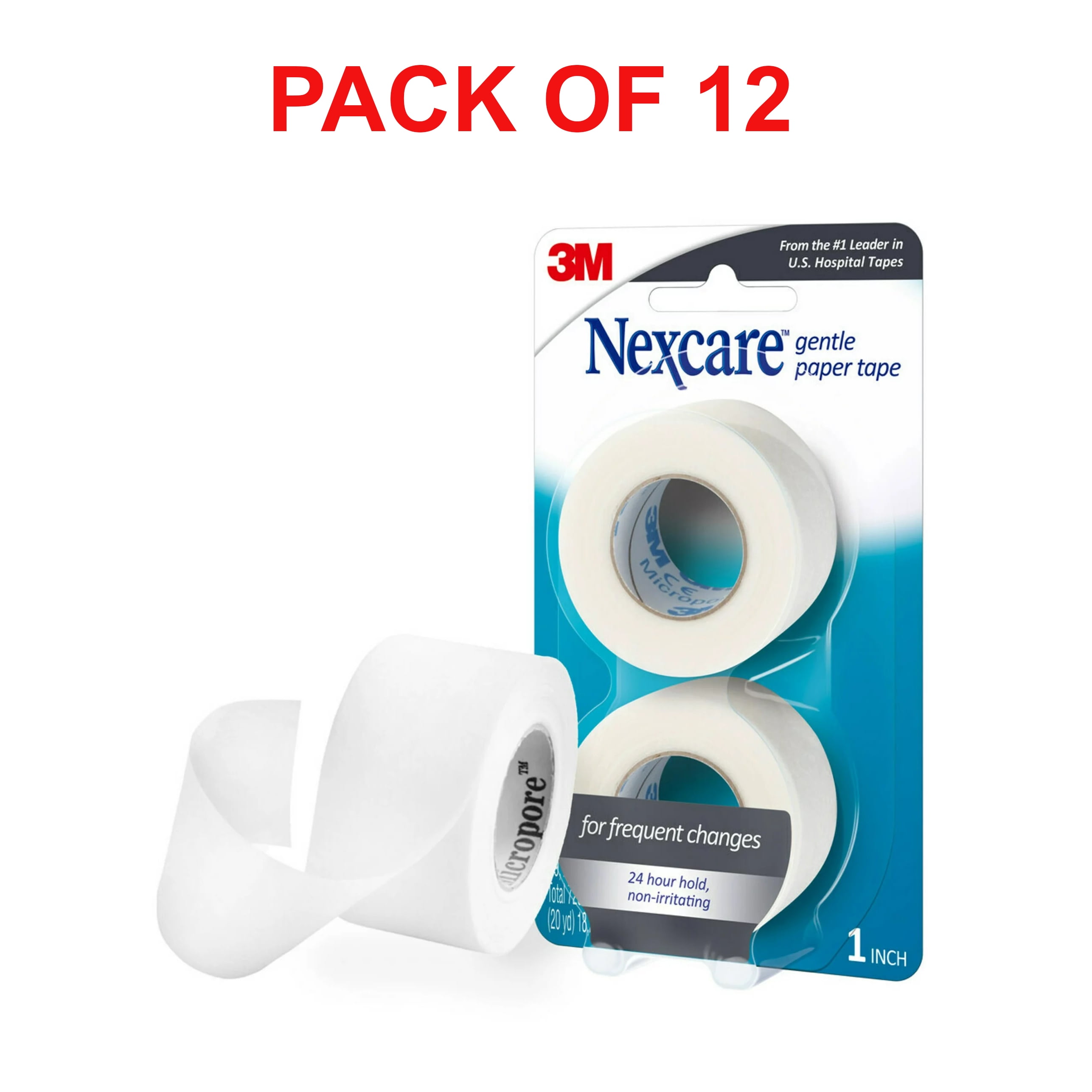 3M Gentle Paper Carded Surgical First Aid Tape - Ideal for Securing Gauze and Dressings - Hypoallergic, Natural Latex-free & Breathable Adhesive - Measures 1 in. x 10 yds - 2 Rolls - Pack of 12