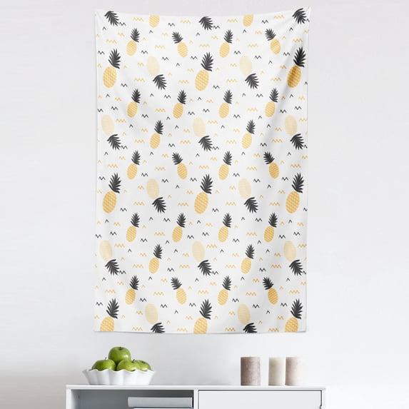 Grey Yellow Tapestry, Summer Themed Modern Pastel Pattern of Pineapples Fruit Tropic Art, Fabric Wall Hanging Decor for Bedroom Living Room Dorm, 5 Sizes, Pale Orange and White, by Ambesonne