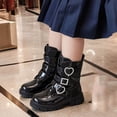 thumbnail image 2 of Girls Riding Boots Glitter Rhinestone Buckles Princess Dress Mid Calf Booties Fashion Lug Sole Chunky Heel Zipper Long Boots Black 13 Little Kids, 2 of 7
