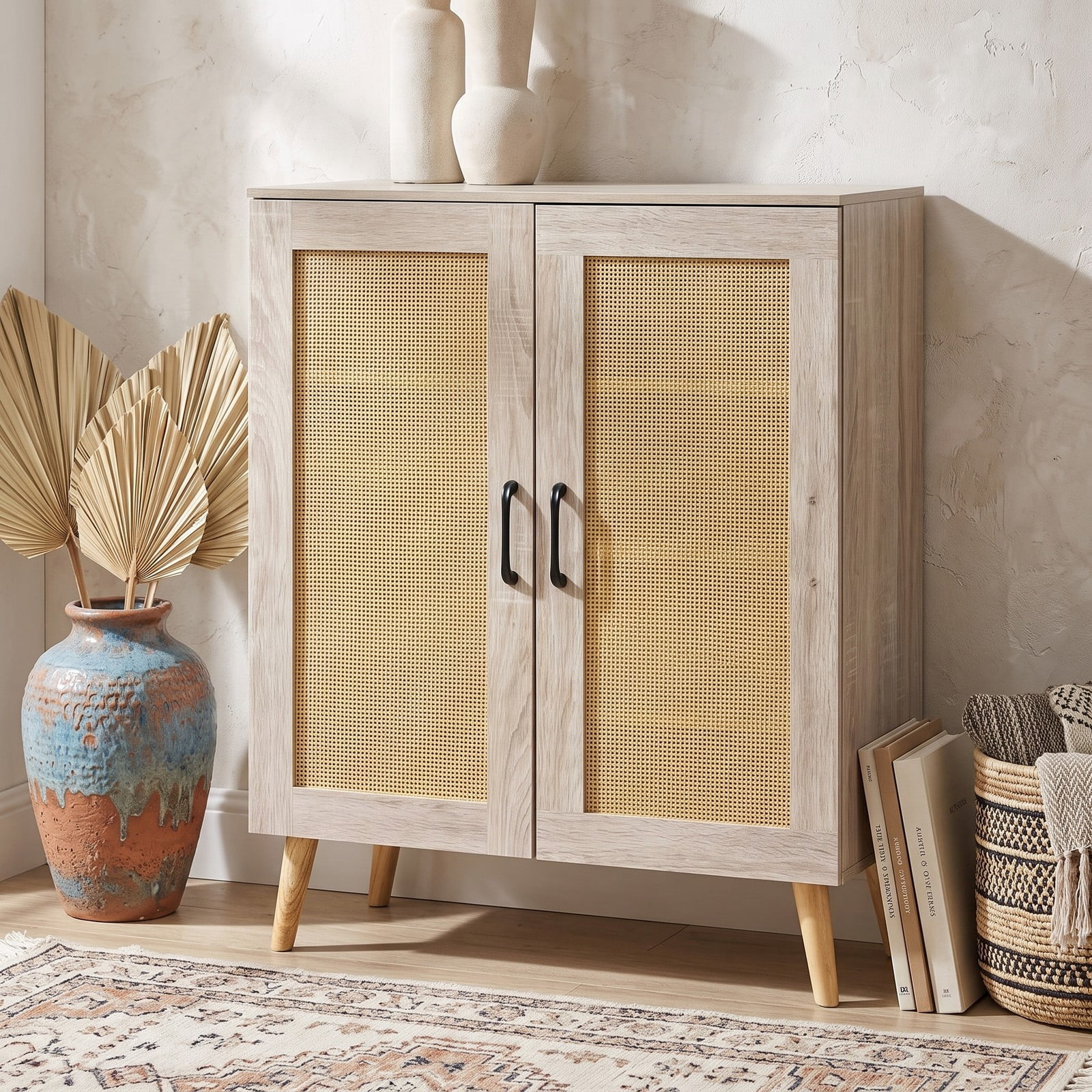 Furnibear 5-Tier Rattan Shoe Cabinet with 3 Removable Shelves and Woven Doors for Entryway and Hallway Shoe Storage, Natural