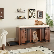 ZephyPaws 56"L Large Dog Crate with Seat, 2-in-1 Furniture Dog Kennel End of Bed Bench, Sliding Barn Door Wooden Dog Crate Ottoman with Removable Cushion for Large Medium Dogs, Living Room Bedroom