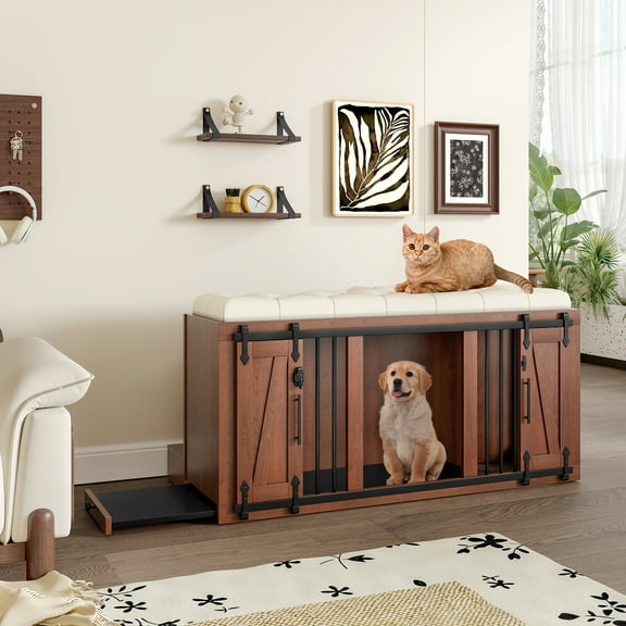 ZephyPaws 56"L Large Dog Crate with Seat, 2-in-1 Furniture Dog Kennel End of Bed Bench, Sliding Barn Door Wooden Dog Crate Ottoman with Removable Cushion for Large Medium Dogs, Living Room Bedroom