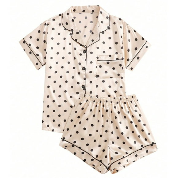 HUJlwoi Pajama Sets for Women Polka Dot 2 Piece Pj Sets Button down Soft Pocket Short Sleeve Summer Sleepwear Loungewear 2025