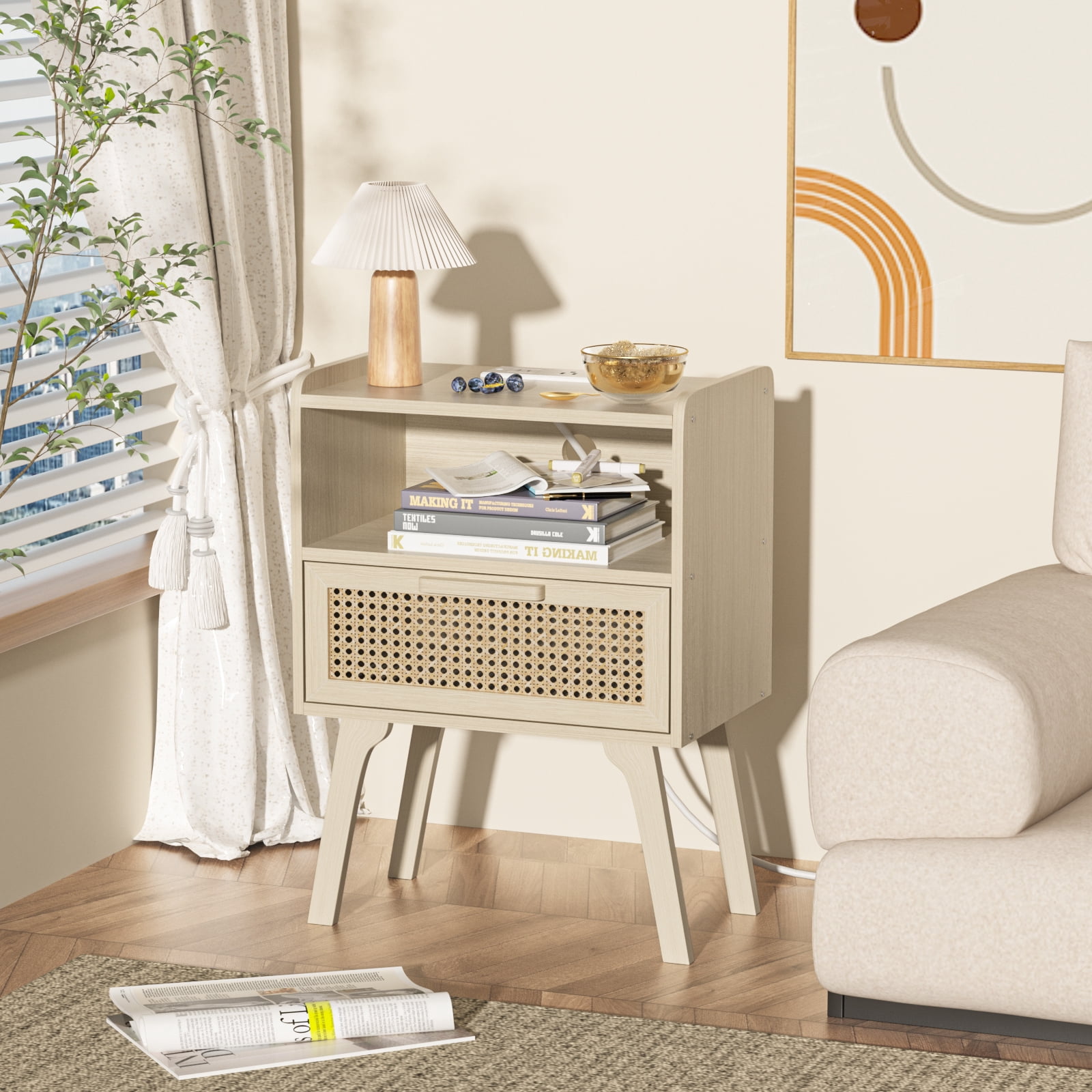 LEYAOYAO 2pc Nightstand with USB Ports, Woven Rattan Bedside Table with 1 Drawer and Lift-Up Legs, for Boho Bedroom, Grey