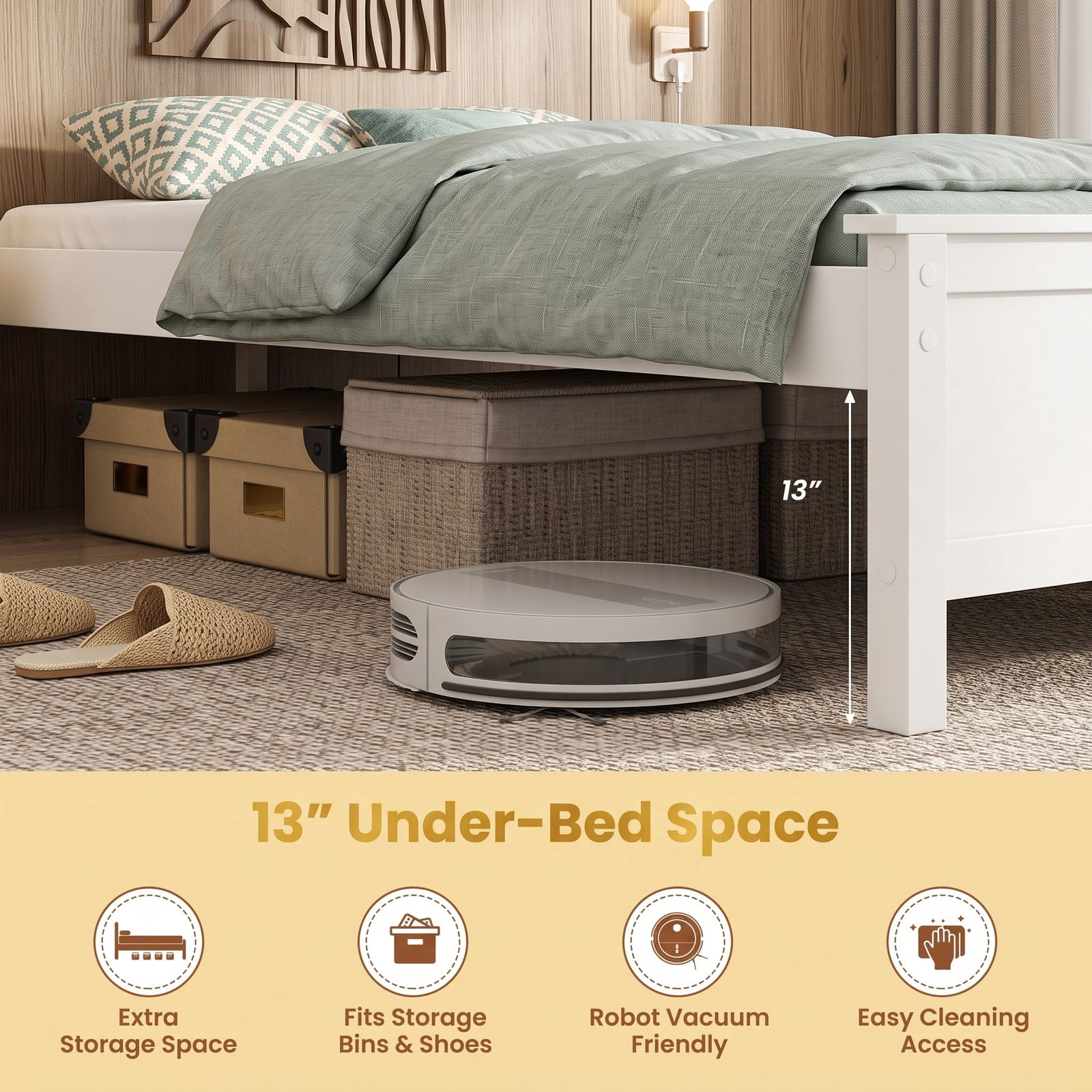 Furnibear Queen Size Bed Frame Solid Wood Platform Bed Frame with Curved Headboard and Footboard for Bedroom and Guest Room, White