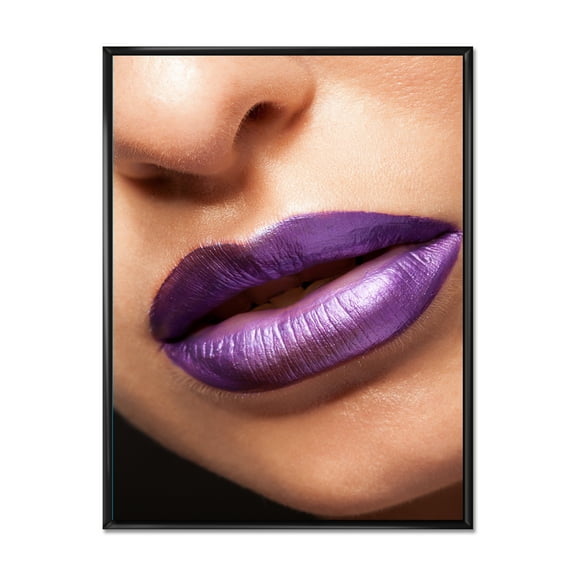 Designart 'Close Up View of Girl Lips With Purple Lipstick' Modern Framed Canvas Wall Art Print