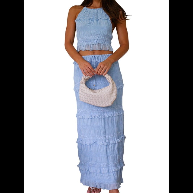 Conjunto de 2 Piezas de Falda Larga Y2K para Mujer, con Top Corto de Encaje Sin Espalda y Falda Larga, Vestido de Playa. Azul L