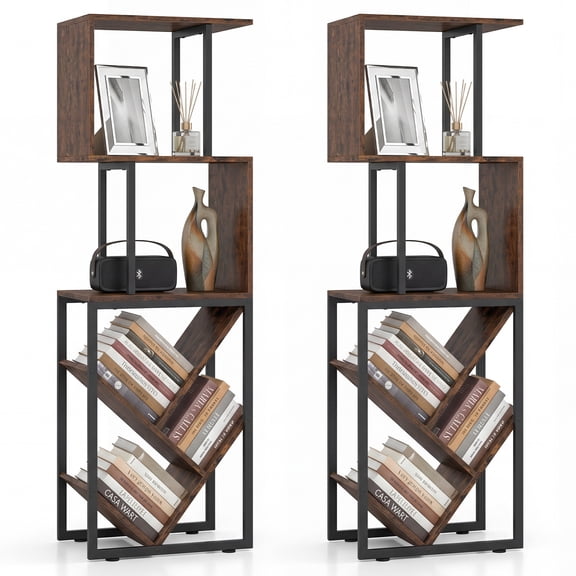 Gymax 2PCS 6-Tier Bookshelf Industrial S-Shaped Geometric Bookcase w/ Display Shelves