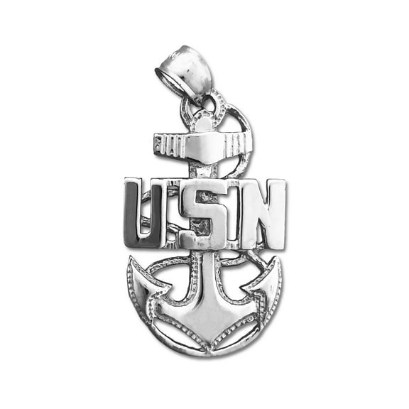 Rhodium Plated 925 Sterling Silver USN Navy Anchor Pendant